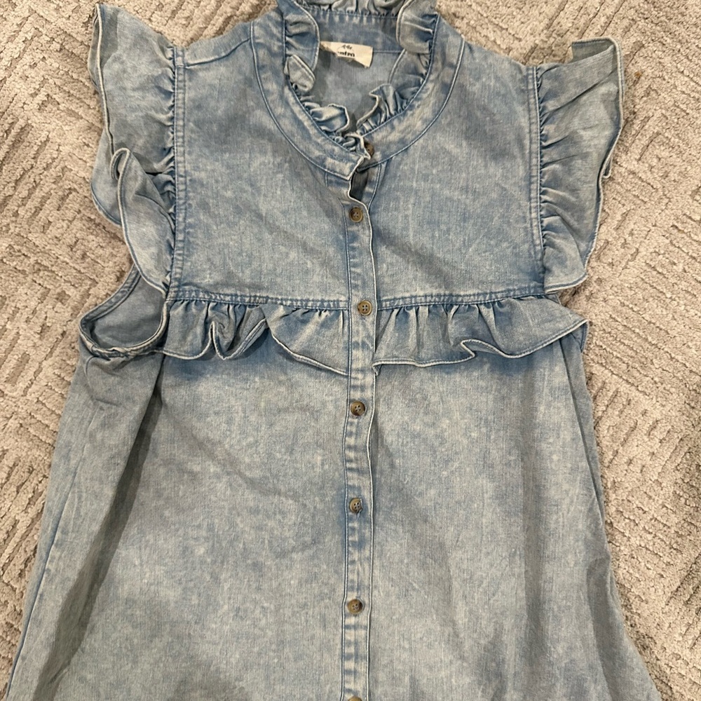Entro Denim Blue Ruffle Button-Down Dress Fits like a 6 - Picture 5 of 13